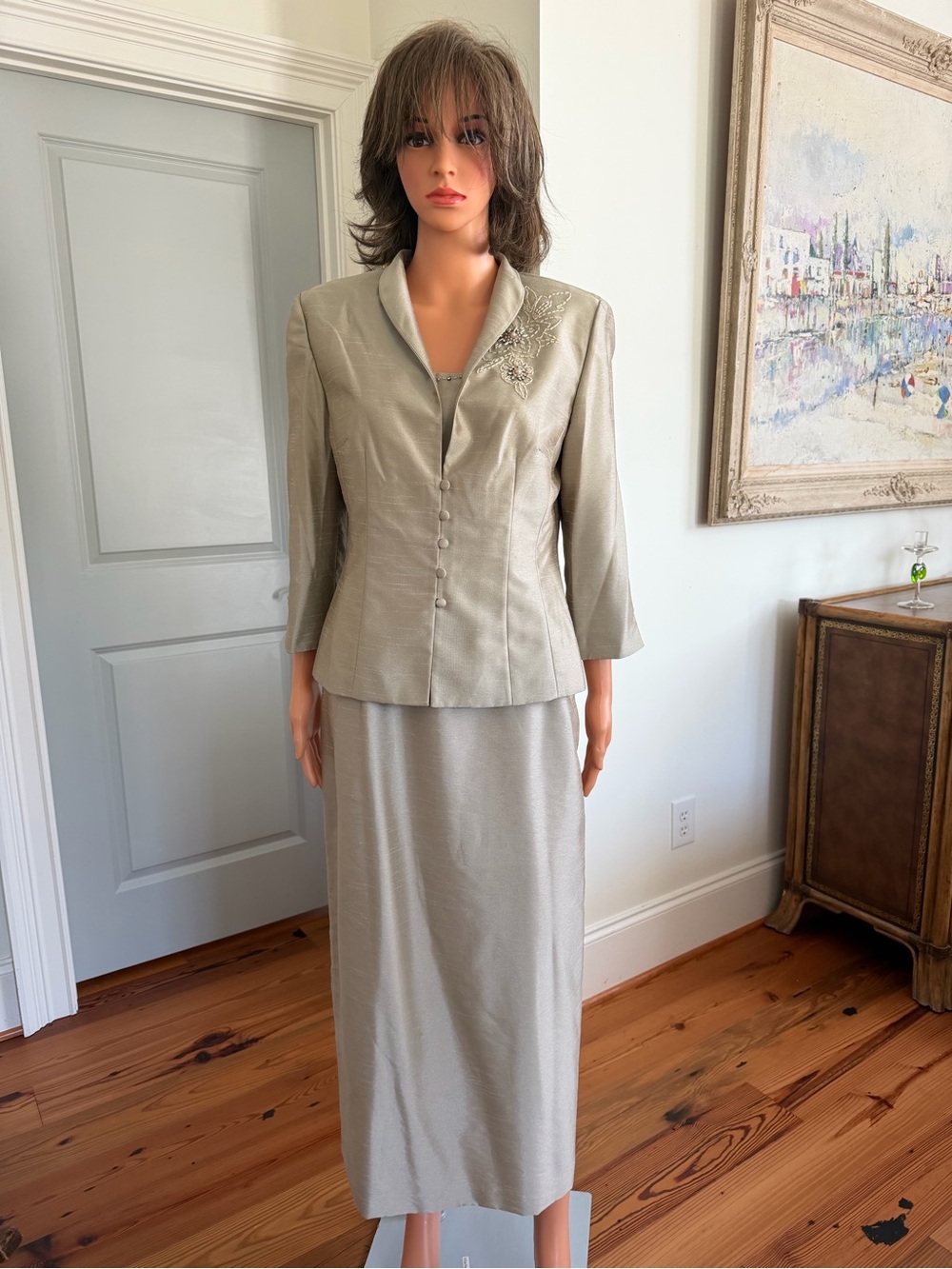 Vintage Jessica Howard Champagne Beaded Maxi Dress Jacket 2 Pc Set